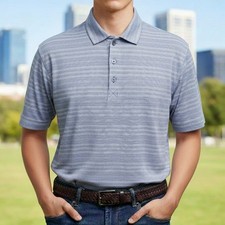 ORVIS Polo Shirt Men's XL Blue Stripe Stretch Wicking Short Sleeve Golf Casual