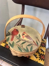 Vintage Hand Painted Basket Birds Cardinals Tree Winter Sewing Box Folk Art