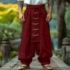 Men buckle Linen Cotton Pants Chinese Thin Baggy Pants Casual Wide Leg Trousers