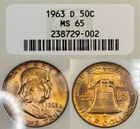 MS65 1963-D 50C Franklin Silver Half Dollar, NGC Fatty Holder, Beautifully Toned