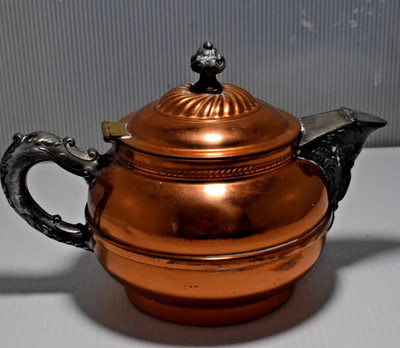 SOLID COPPER BRASS PEWTER HANDLE SPOUT TEA POT VINTAGE 1890s TO 1920s PINT WATER