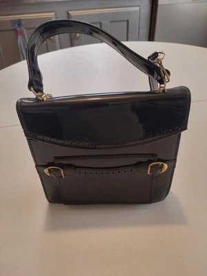 SAC A MAIN NOIR ANCIEN VINTAGE EN CUIR verni transformable bandoulière neuf - Photo 1/4