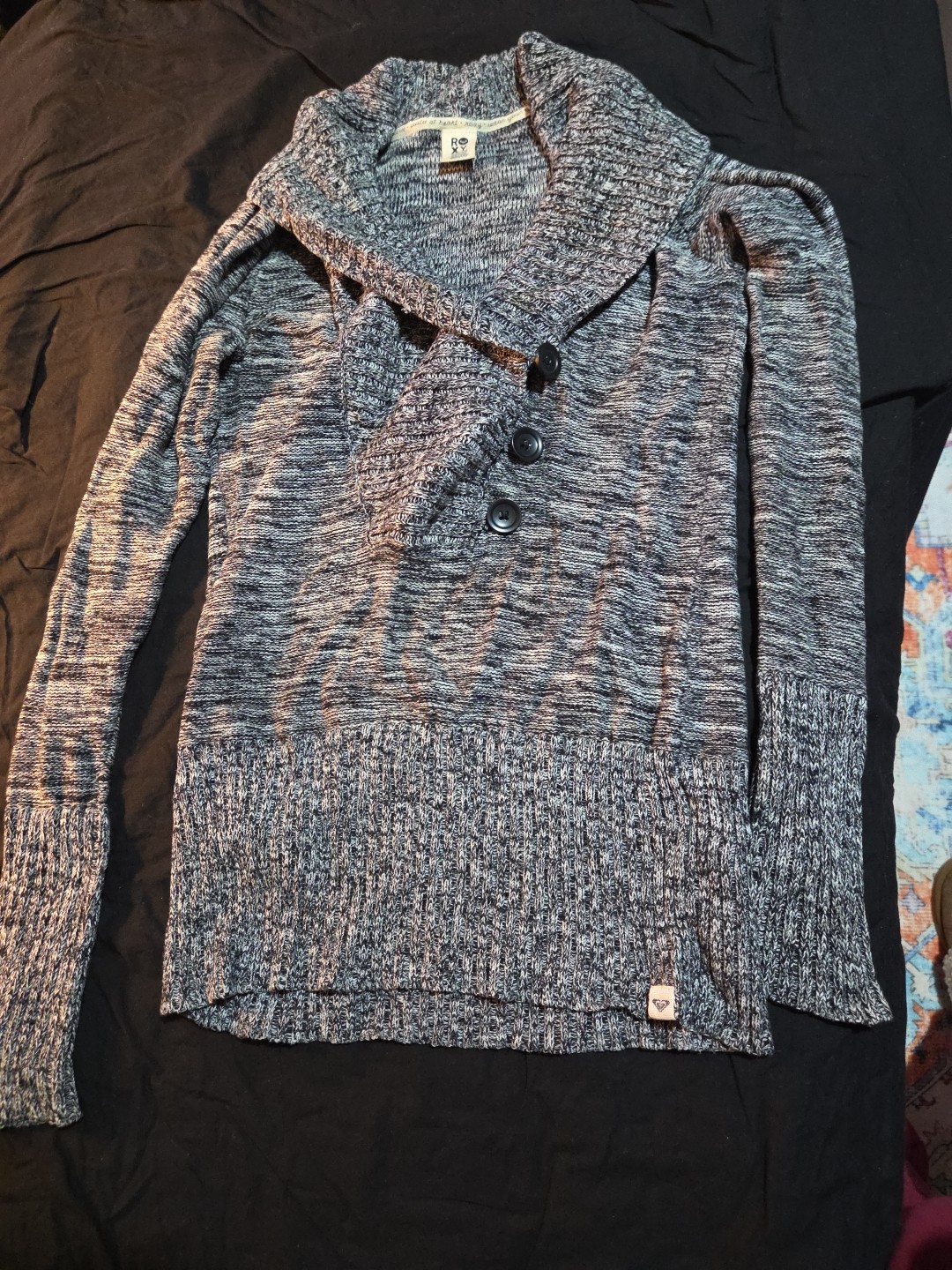 Roxy Woman’s Long Sleeve Collared Black & White Speckled Sweater Size Medium