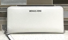 MICHAEL KORS JET SET LARGE CONTINENTAL ZIP WALLET MK OPTIC WHITE LEATHER SILVER