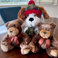 Lot of 3 Plush Teddy Bears  Dog Soft Stuffed Animals w/ Tags, Bows, Hats, Scarf