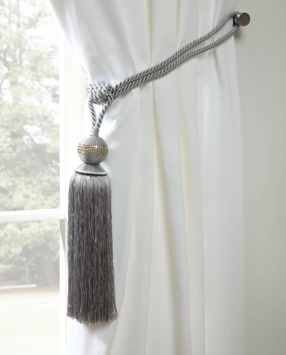 2 x Diamante Tiebacks Silver Grey Crystal Glitter Tassell Rope Holdback Curtains
