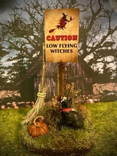 Department 56 Halloween & Spooky Town Inspired Sign Caution!-￼Low flying Witches