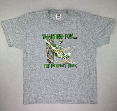 Vintage Men's Shirt XL Gray Waiting For The Perfect Deer Hunting Tee Y2K Beer