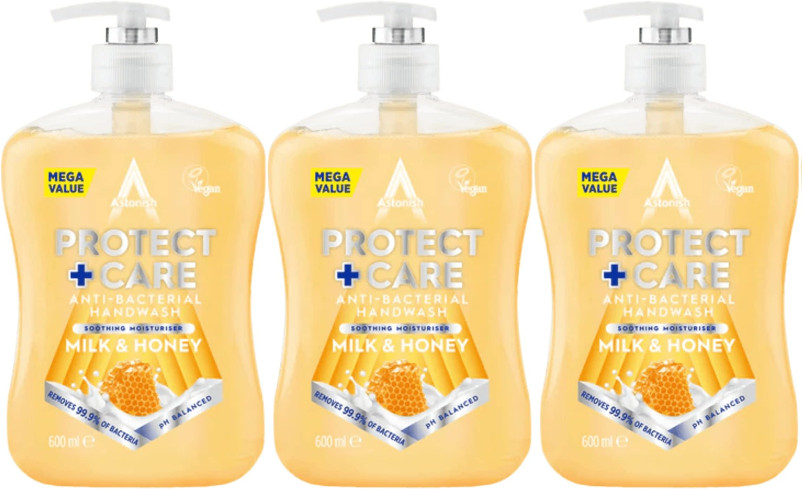 3x Astonish Protect Care Anti-Bacterial Hand Wash Moisturiser 600ml Milk & Honey