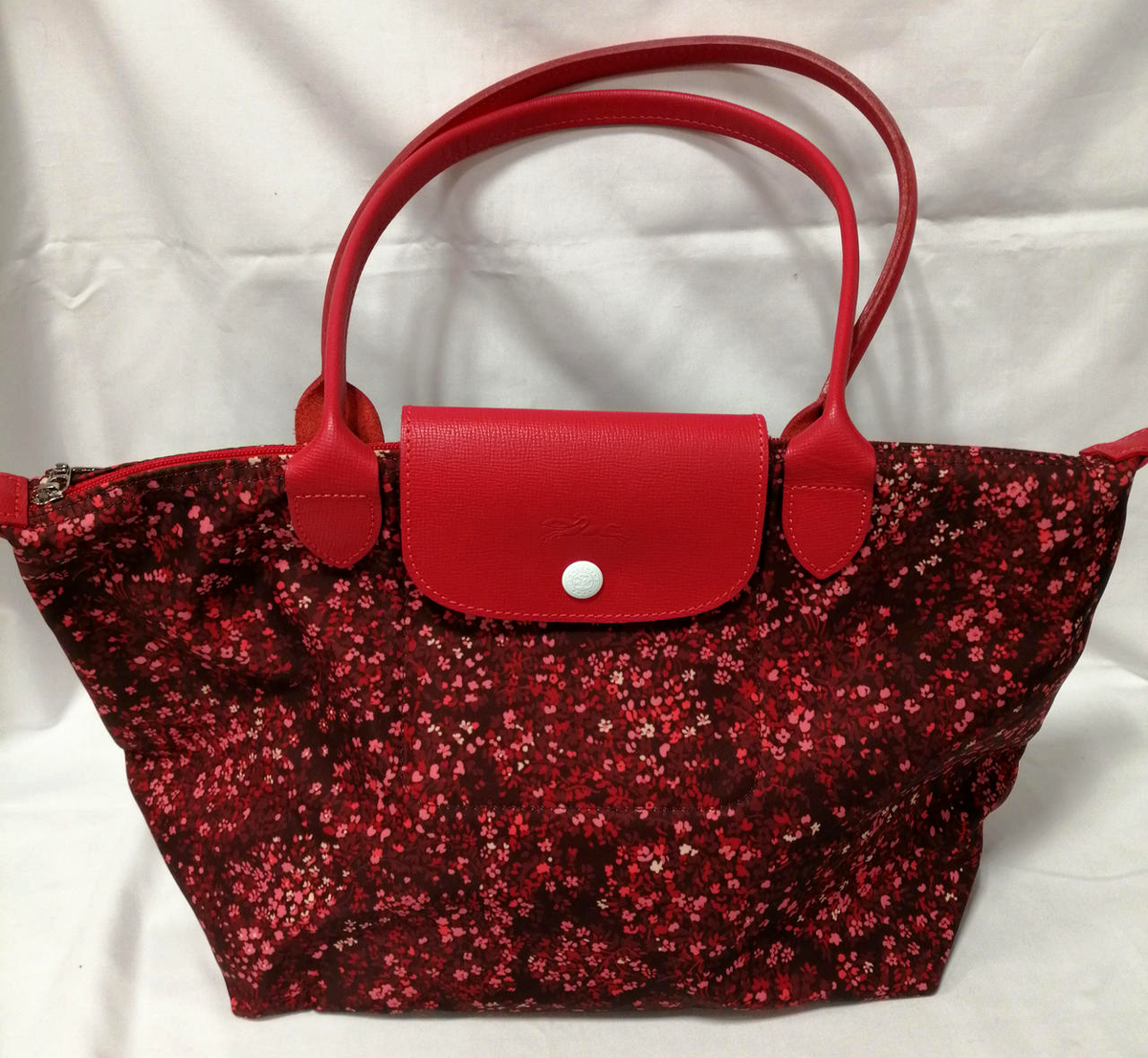 Longchamp Le Pliage Fleurs Tote Bag Red Floral Canvas Medium
