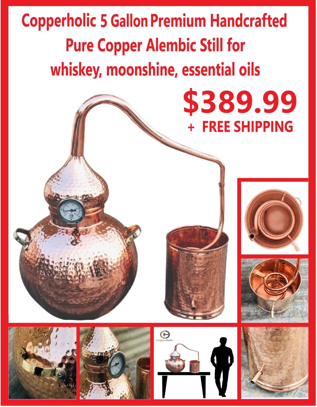 5 Gallon Pure Copper Alembic Still for Whiskey, Moonshine Essential Oils NEW