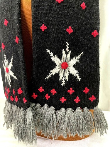 Thick Wool Blend Scarf Black Red White Snowflake Fringe Lined Warm Winter 57-7" - Picture 3 of 7