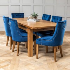 Dining Table Solid Oak Medium Extending + 6 x Blue Velvet Scoop Chairs