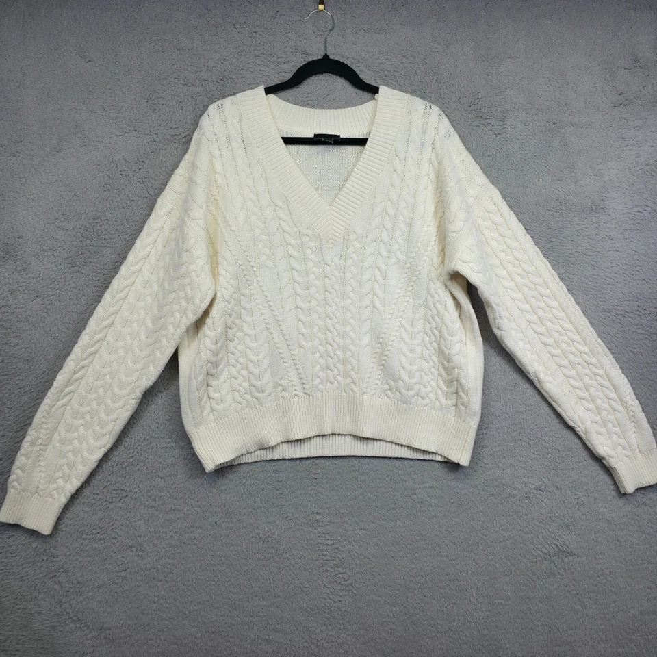 Lumiere Cable Knit Sweater Womens L White Fisherman V Neck Chunky Lounge Cozy - Image 2 of 4