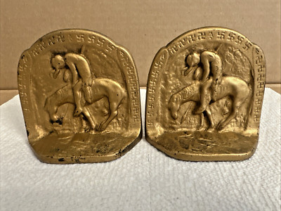 The Last Trail Style 1 Cast Iron Bronze Colored Book Ends Horse Warrior 1928