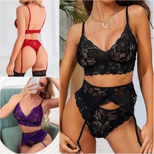 Women's Sexy Lingerie Set with Garter Belt Lace Bralette G-String Sets Underwear