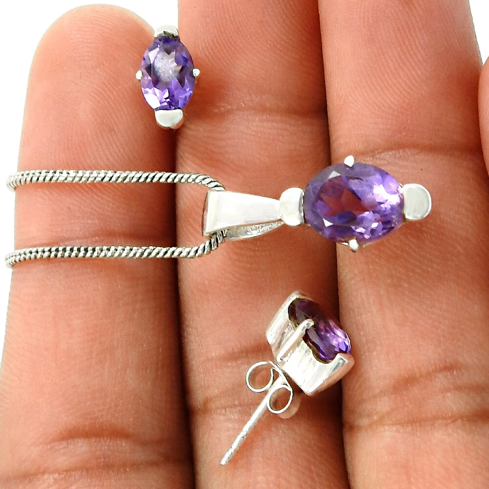 Natale Regalo Pietra Ametista Orecchini Set Ciondolo Vero 925 Argento Sterling - Immagine 3 di 4