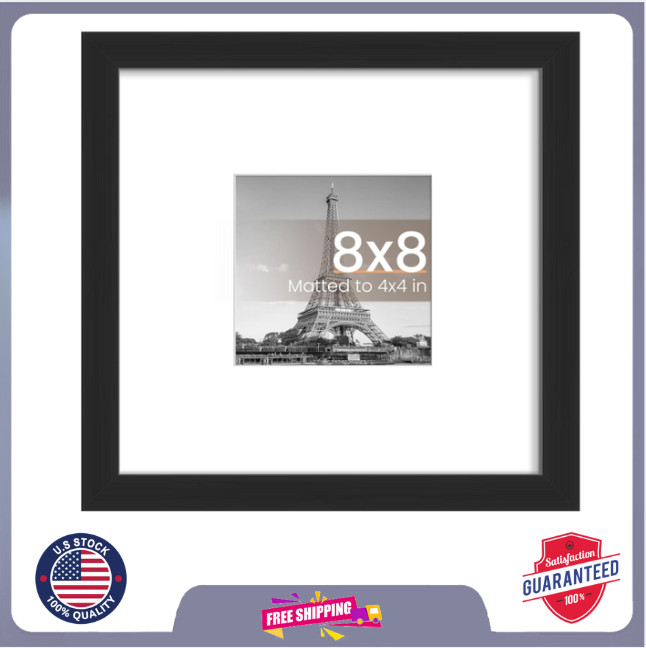 8X8 Picture Frame: Display 4X4 with Mat or 8X8 without Mat, Wall Hanging, Black