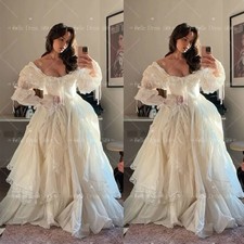 Wedding Dress Off-the-Shoulder Long Puff Sleeve Lace Trimmed Vintage Bridal Gown