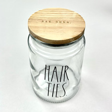 Rae Dunn Clear Glass Wood Lid 2020 Multipurpose HAIR TIES Storage Container Jar