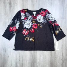 Alfred Dunner Women's Cotton Floral Black 3/4 Sleeve Top L