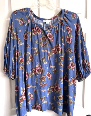 Treasure & Bond, Plus 3X Tunic Blouse Blue Floral 3/4 Sleeve V-Neck NWT $79