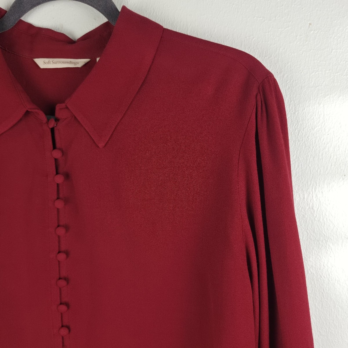 Soft Surroundings Sonnet Poet L Blouse Burgundy Button Front Pleated Cuff View 5