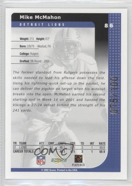 2002 Score Final Score /100 Mike McMahon #86 - Image 2 of 2