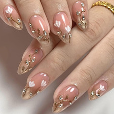 30Pcs 3D Flower Press on Nails Almond Medium Fake Nails with Chrome Rhinestones