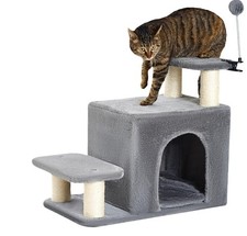 Happi N Pets 3-in-1 Dog Stairs Cat Scratching Post with Condo for High Bed- Gray