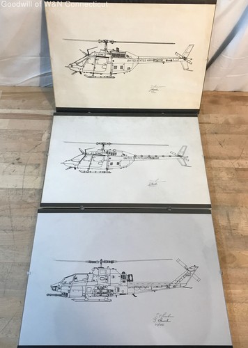 J. Church Signed US Army Helicopter Technical Sketches Lot of 3 Prints 12x16