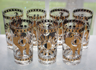 7 Fred Press Highball Glasses Rooster Black Gold Vtg MCM Atomic Barware - RARE
