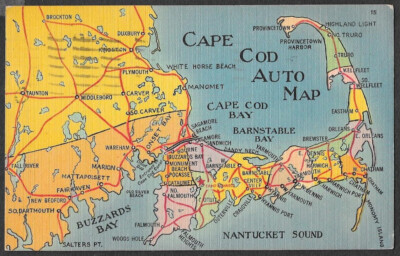 Vintage Linen Postcard Cape of Cod Auto Map c1941