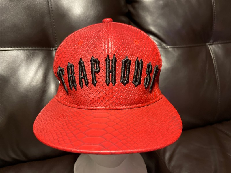 Trap House Red Faux Leather/Snake Hat Academy Fits  Caps Plus Embroiled Rare