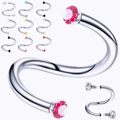 2X 16G 2mm Gem Crystal Ear Stud Internal Thread Steel Twist Bar Lip eyebrow Ring