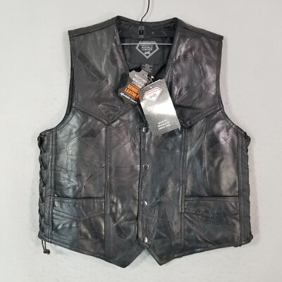 Diamond Plate Genuine Buffalo Leather Biker Vest Mens Large Eagle USA Patch NEW