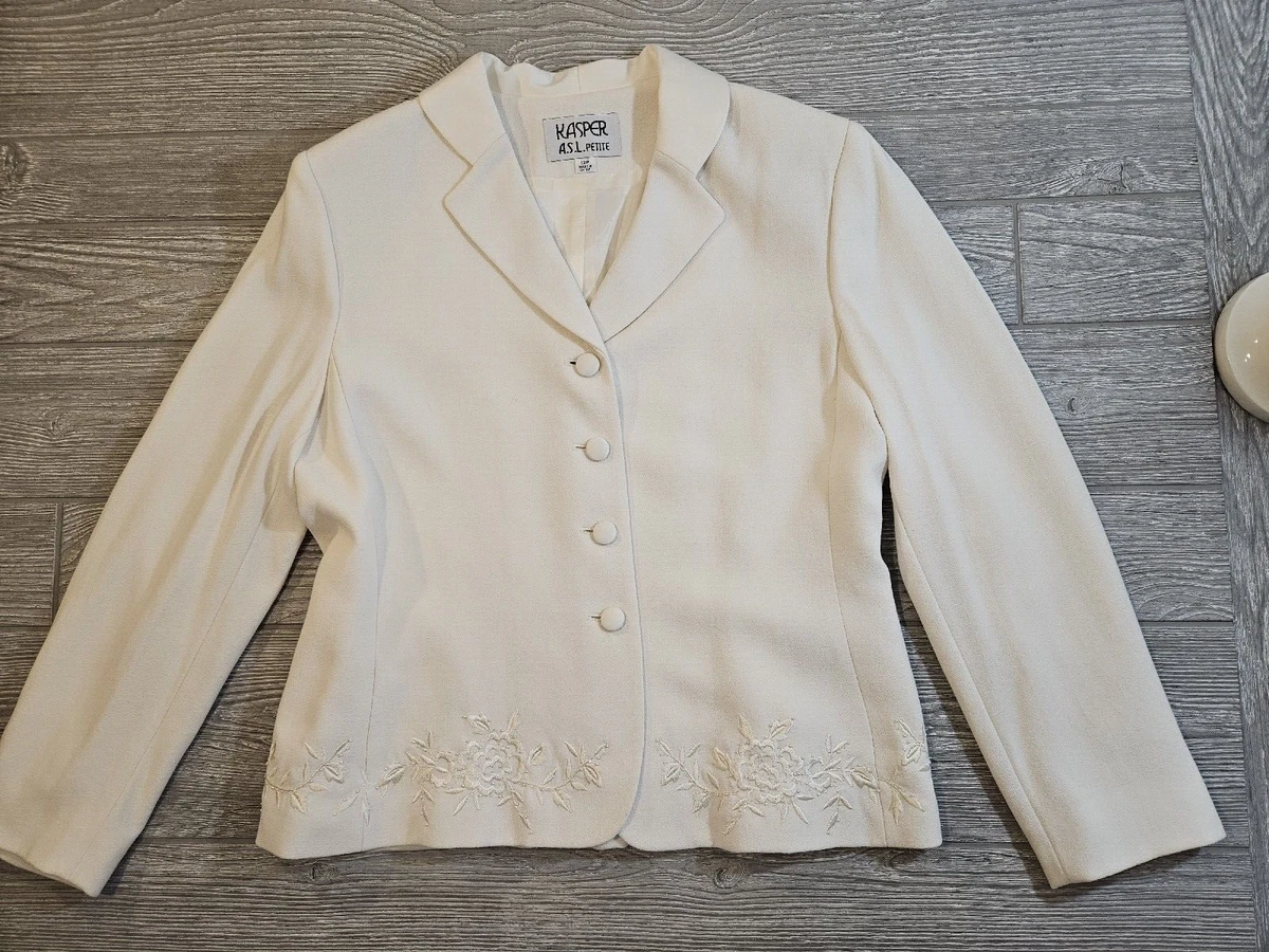 KASPER Womens Blazer 12P Ivory Embroidered Padded Shoulders