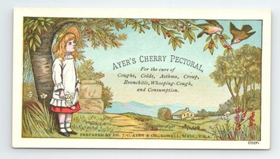 Victorian AYER'S CHERRY PECTORAL Trade Card Girl Birds Landscape Lowell Mass.