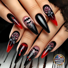 Halloween Press on Nails Bat Rose Design Medium Square Full Cover - D264