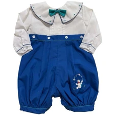 Vintage Petit Ami Baby Boy Romper 6M Blue White Bow Tie Turtle Embroidery