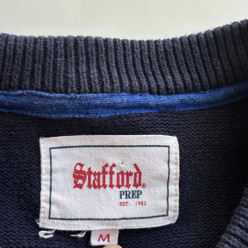 Suéter tejido cuello redondo Stafford Prep para hombre mediano 100 % algodón a rayas azul verde Foto 4 de 4