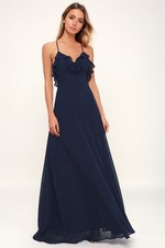 Lulus Metropolitan Navy Blue Ruffled Maxi Dress Large V Neck Sleeveless