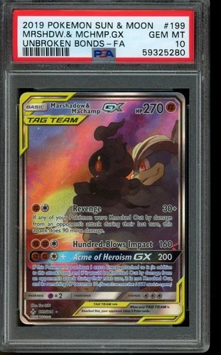 PSA 10 GEM MINT Pokemon Marshadow & Machamp GX Unbroken Bonds Tag Team #199 2019