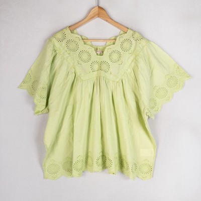 LOGO Lavish Womens Blouse 3X Light Green Eyelet Embroidered Cotton Boho Top