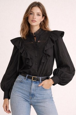 MNG Mango Black Victorian-style Eyelet Blouse 100% Cotton XS  NWOT