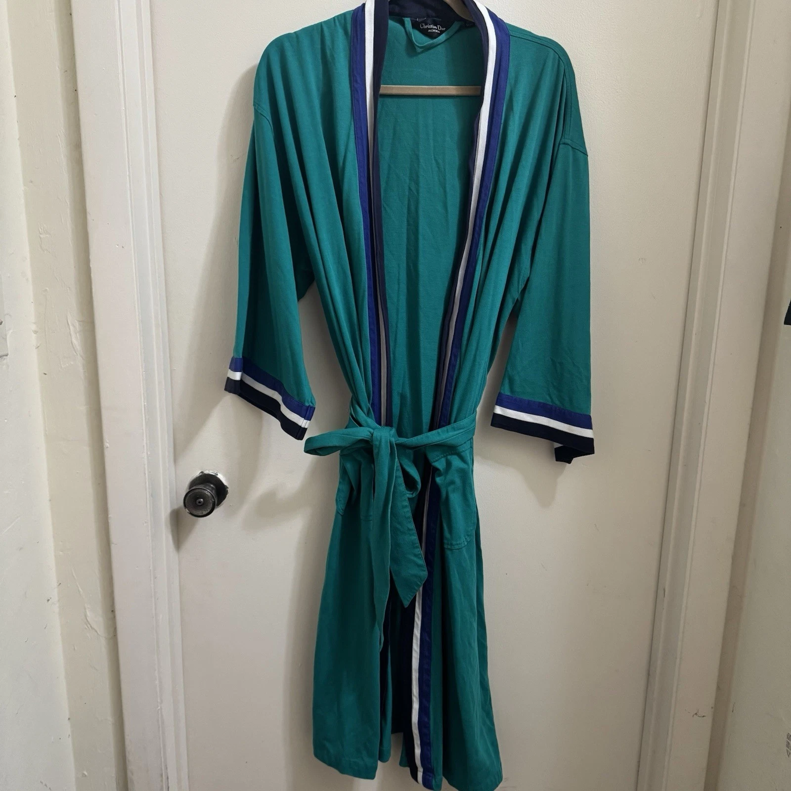 Robe unisexe Christian Dior Monsieur avec ceinture sarcelle bleu marine rayures blanches OS vintage