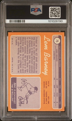 1970 Topps LEM BARNEY Rookie Card RC #75 HOF Detroit Lions CENTERED - PSA 5 - Picture 2 of 3
