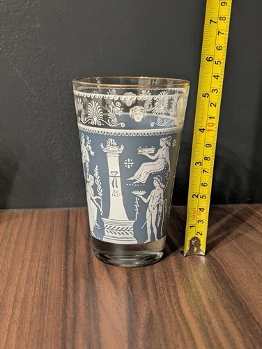 Jeanette Glass Corinthian Blue Greek Tumbler 5" Gold Rim Highball