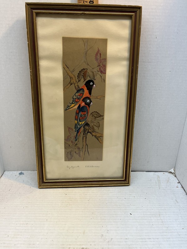 Original Watercolor of 2 Birds, Pencil Signed by E. Waldman