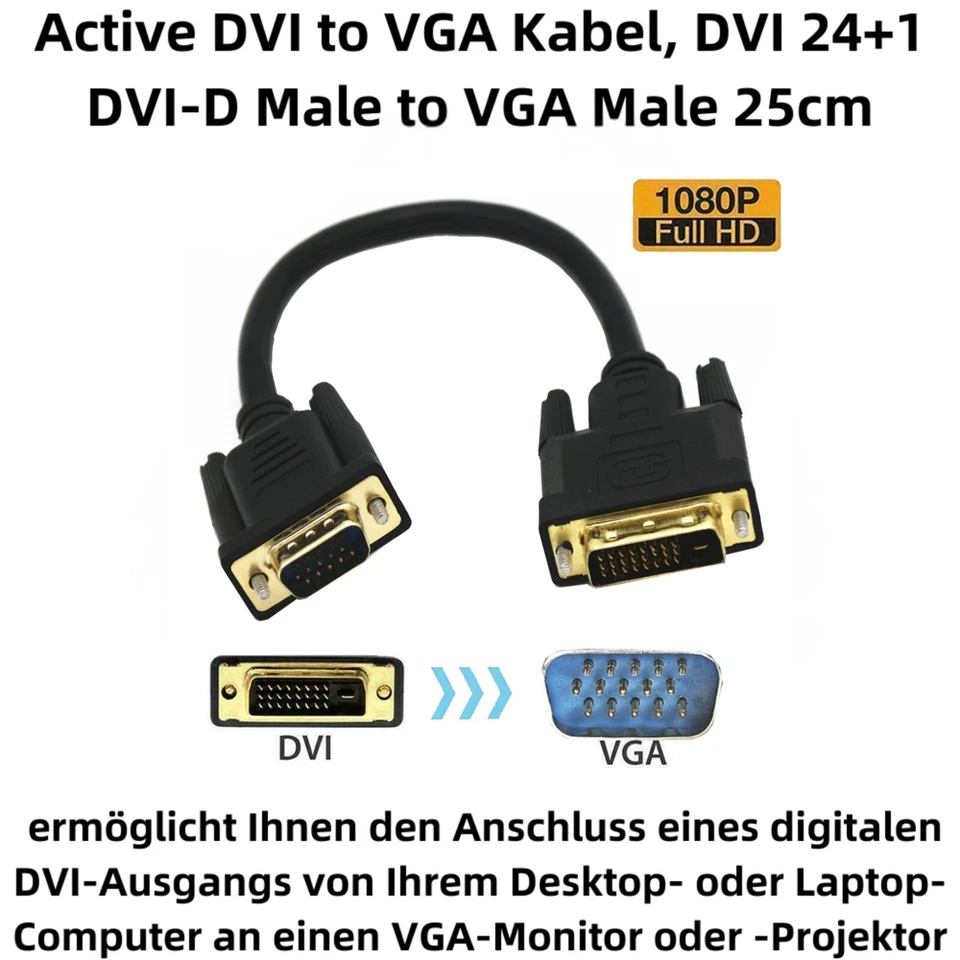 O33 DVI auf VGA Kabel 25cm DVI 24+1 Male to VGA Male für PC DVD Monitor HDTV - Bild 2 von 4